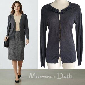 Massimo Dutti Lyocell Cotton Ruffle Detail Neckline Lightweight Gray Cardigan M